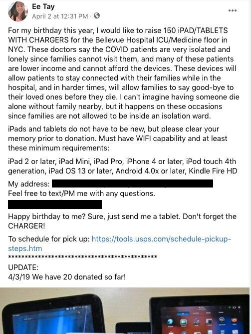 The Facebook post Ee Tay put up earlier this month, requesting used iPad tablets. 