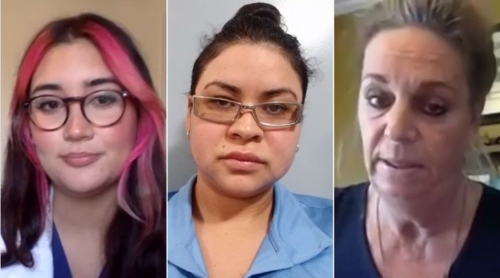 Carolina Jimenez, a registered nurse, Febe Jimenez, a personal support worker, and Tina Dagnall, a nursing aide, speak to reporters by video conference on April 16, 2020.