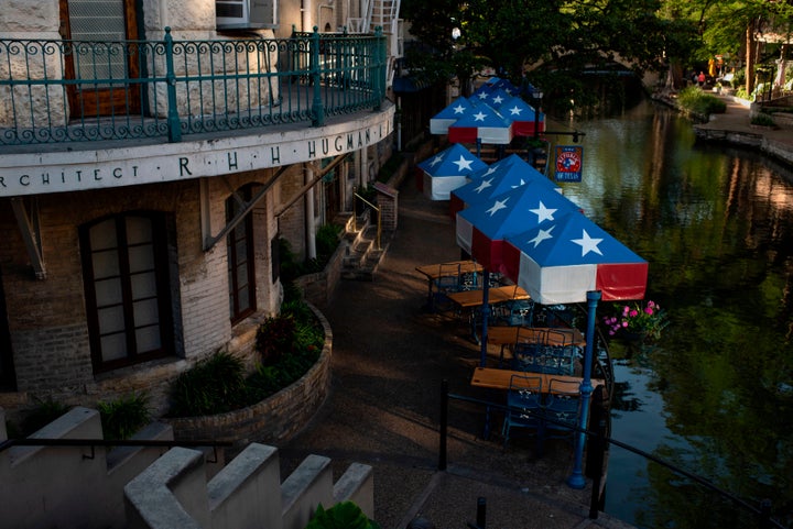 Restaurants are empty on the river walk on April 1, 2020, in downtown San Antonio, Texas, amid the novel coronavirus outbreak. 