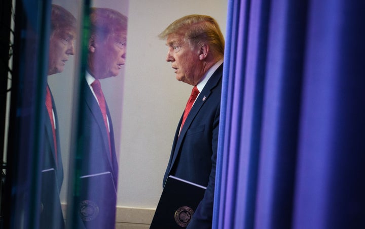 US President Donald Trump arrives for the daily briefing on coronavirus at the White House on April 16