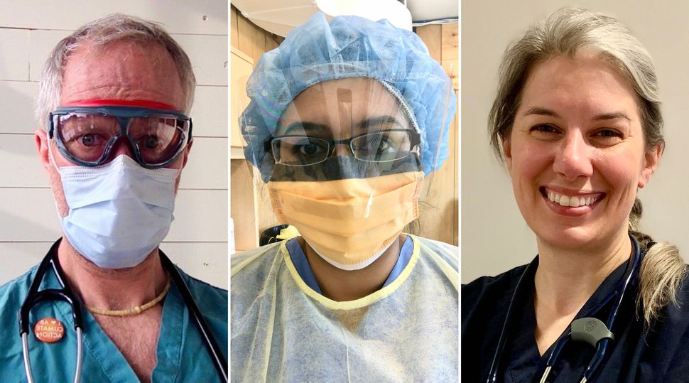Dr. Joe Vipond in Calgary, left, Dr. Nadia Alam in Halton Hills, Ont., centre and Dr. Marie-Renée Lajoie in Montreal have been working on the front lines of the COVID-19 crisis.