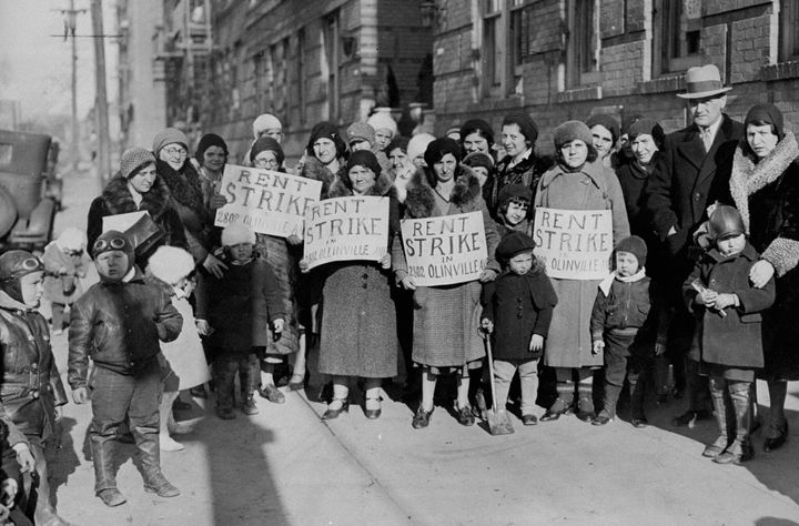 Women picket during a rent strike for reductions of rent in the Bronx, New York, in 1932.