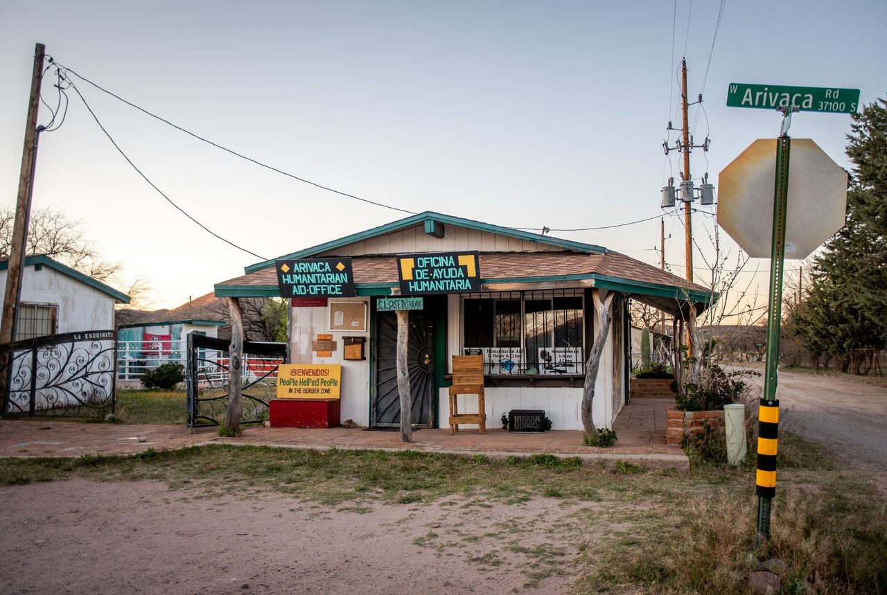 The People Helping People humanitarian aid office is empty in Arivaca at sunset on April 15.