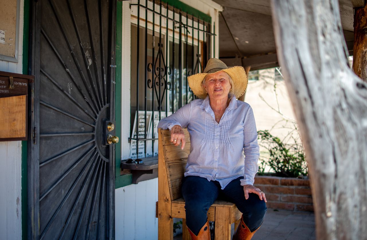 Jamie Bauer, a 69-year-old retiree, at the People Helping People humanitarian aid office, where she volunteers helping migrants in Arivaca, on April 15.