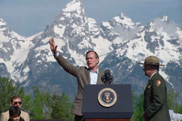 President George H.W. Bush after delivering a speech on the environment at the Teton Science School in Wyoming.