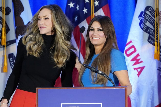 Lara Trump, left, and Kimberly Guilfoyle at a Feb. 3 news conference in Des Moines set up by the reelection