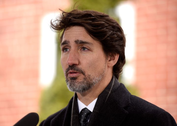 Justin Trudeau speaks at a press conference on April 10.