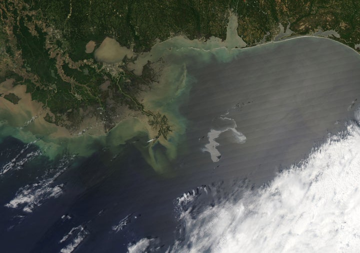 In this handout from NASA, an oil slick from the sunk Deepwater Horizon drilling platform is seen April 25, 2010, off the coa