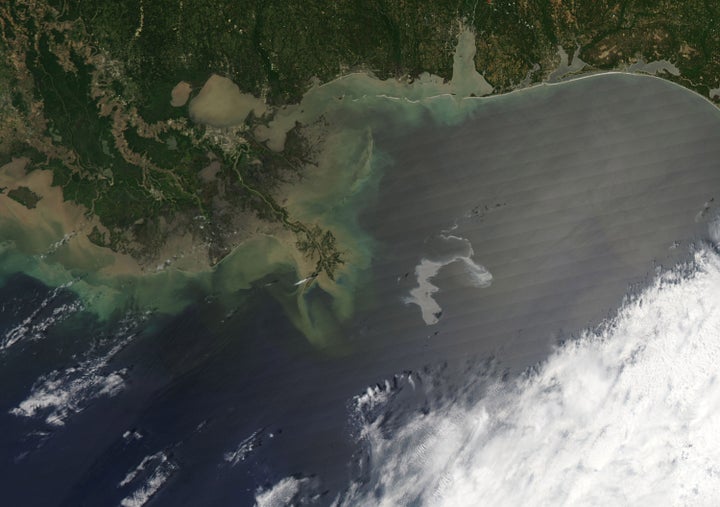 In this handout from NASA, an oil slick from the sunk Deepwater Horizon drilling platform is seen April 25, 2010, off the coast of Louisiana in the Gulf of Mexico.