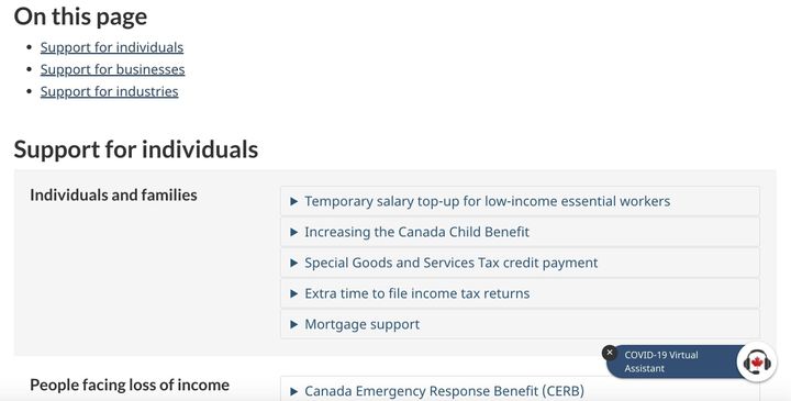 カナダ政府のサイト。支援策が1ページにまとまっている。