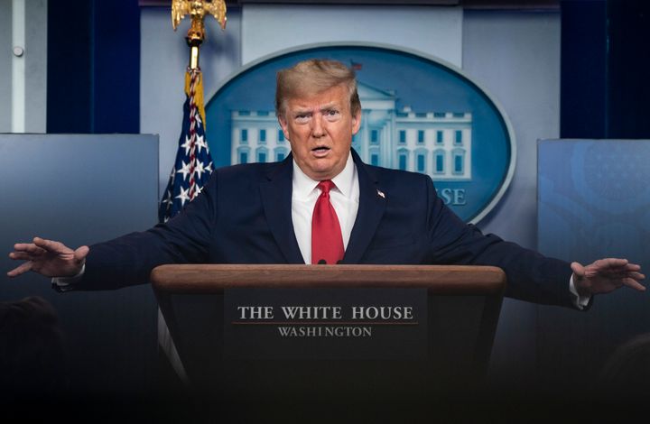 President Donald Trump speaks during a press briefing with members of the White House Coronavirus Task Force on April 18.
