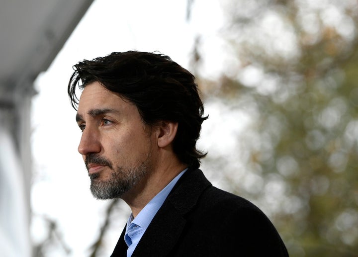 Prime Minister Justin Trudeau speaks during his daily press conference on COVID-19, in front of his residence at Rideau Cottage in Ottawa, on April 19, 2020.