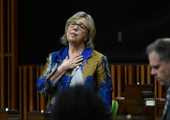 The Green Party's Elizabeth May is seen in the House of Commons on April 11, 2020.