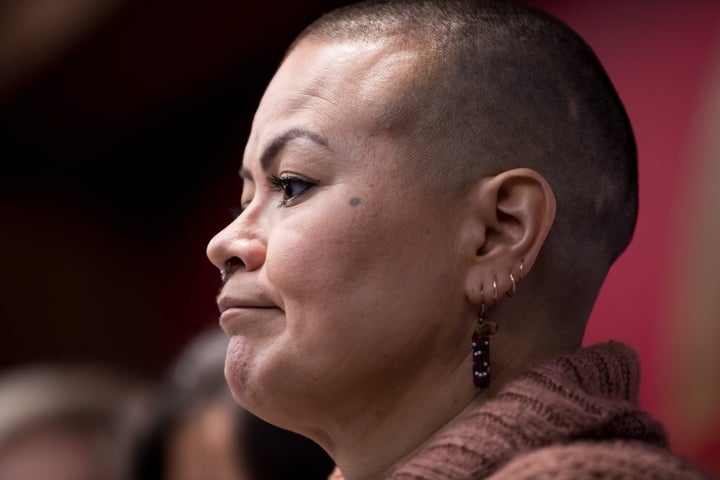 Delee Alexis Nikal, of the Wet'suwet'en Gidimt'en clan, listens during a news conference in Vancouver on Feb. 20, 2020. She said she noticed some people she suspects are pipeline workers not adhering to physical distancing rules in northern B.C.