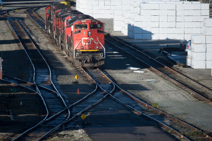 A CN train is pictured in North Vancouver, B.C. on Nov. 20, 2019. An influx of CN workers are expected in Valemount for annual maintenance on its railway tracks.