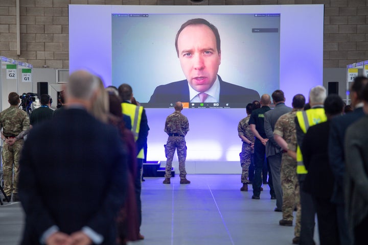 Health secretary Matt Hancock as he speaks via video-link during the official opening of the NHS Nightingale Hospital Birmingham.