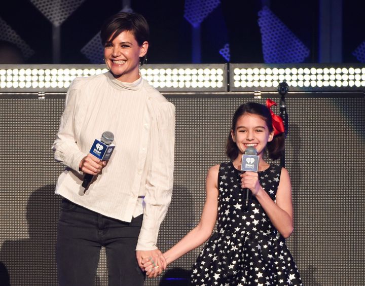 Katie Holmes with her daughter Suri Cruise at Z100's iHeartRadio Jingle Ball in 2017.