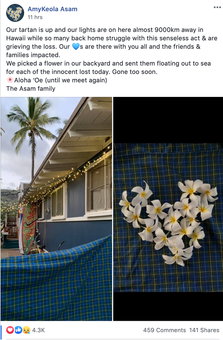 Amy Asam, originally from Truro N.S., now lives in Hawaii. She posted in a Nova Scotia Facebook group photos of her home decorated with tartan in memory of those killed in her home province.