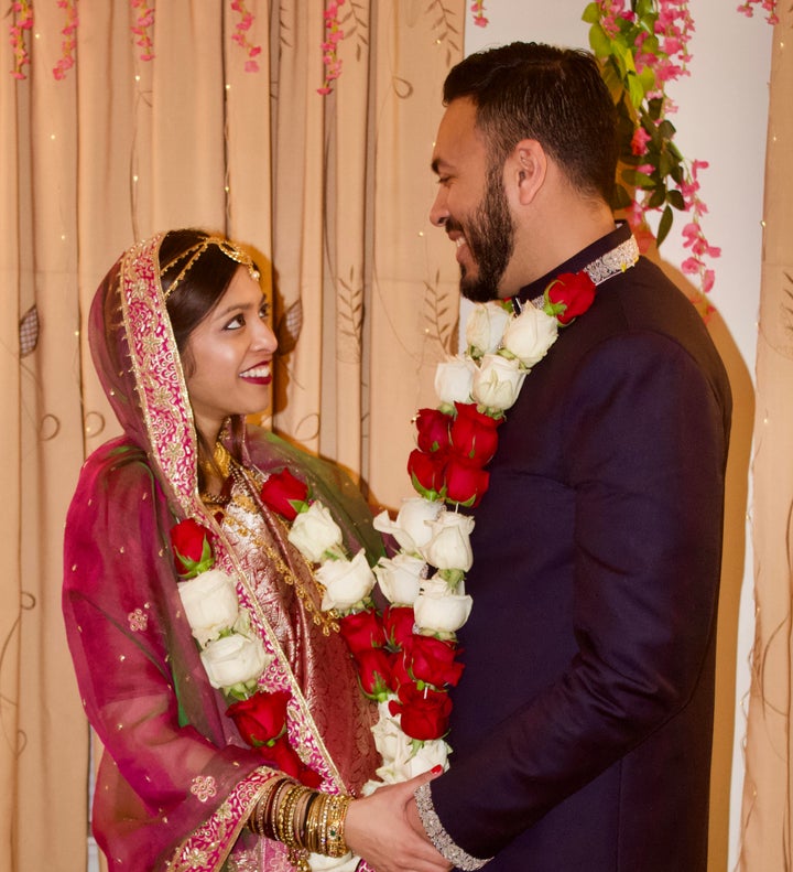 The author and her husband on the day of their Zoom wedding.