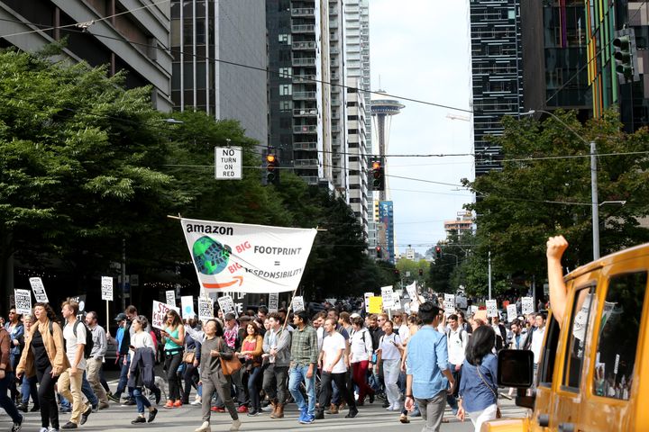 Employees of Amazon and other tech companies walk out during the Global Climate Strike on Sept. 20, 2019, in Seattle.
