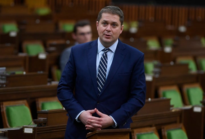 Andrew Scheer rises during question period in the House of Commons on April 20, 2020 in Ottawa. 