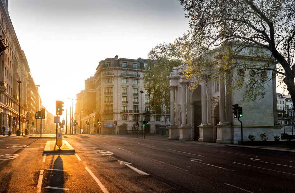 Looking east along Oxford Street from Marble Arch on April 16, 2020, in London.