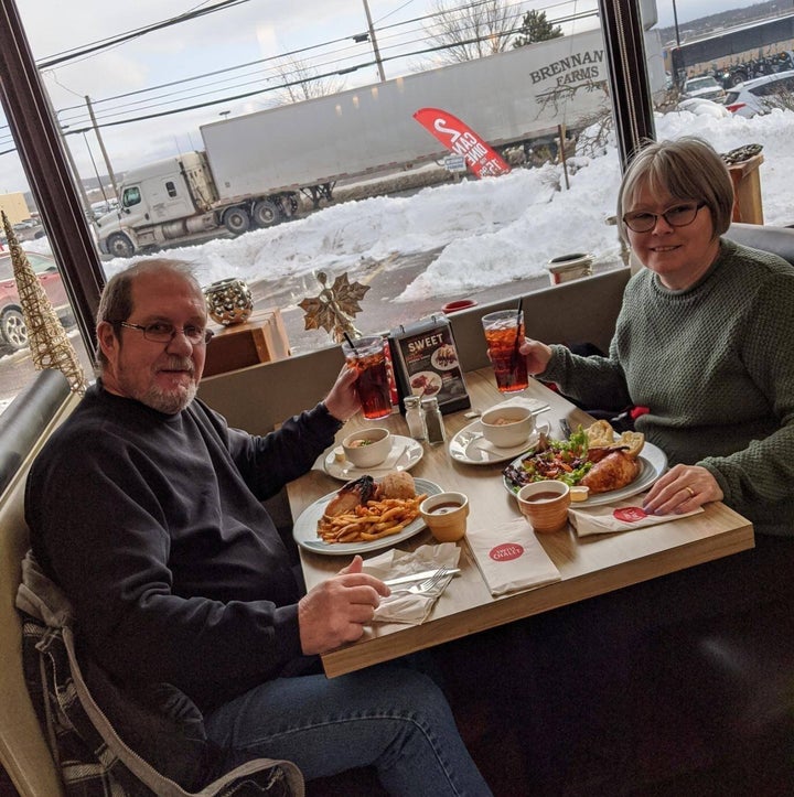 Frank Gulenchyn and Dawn Madsen are pictured here having dinner at Swiss Chalet.