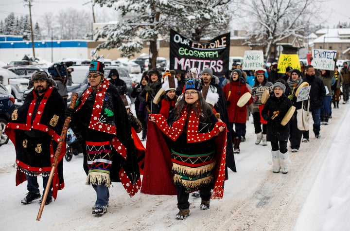 Wet'suwet'en hereditary chiefs from left, Rob Alfred, John Ridsdale, centre and Antoinette Austin, who oppose the Costal GasLink pipeline take part in a rally in Smithers B.C. on Jan. 10, 2020.