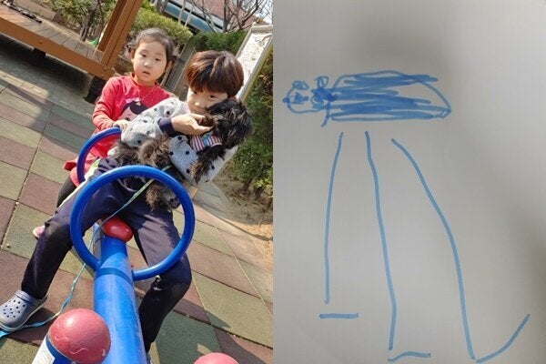 김보람씨의 두 아이들과 까미(왼쪽), 김보람씨의 둘째 아이가 그린 까미