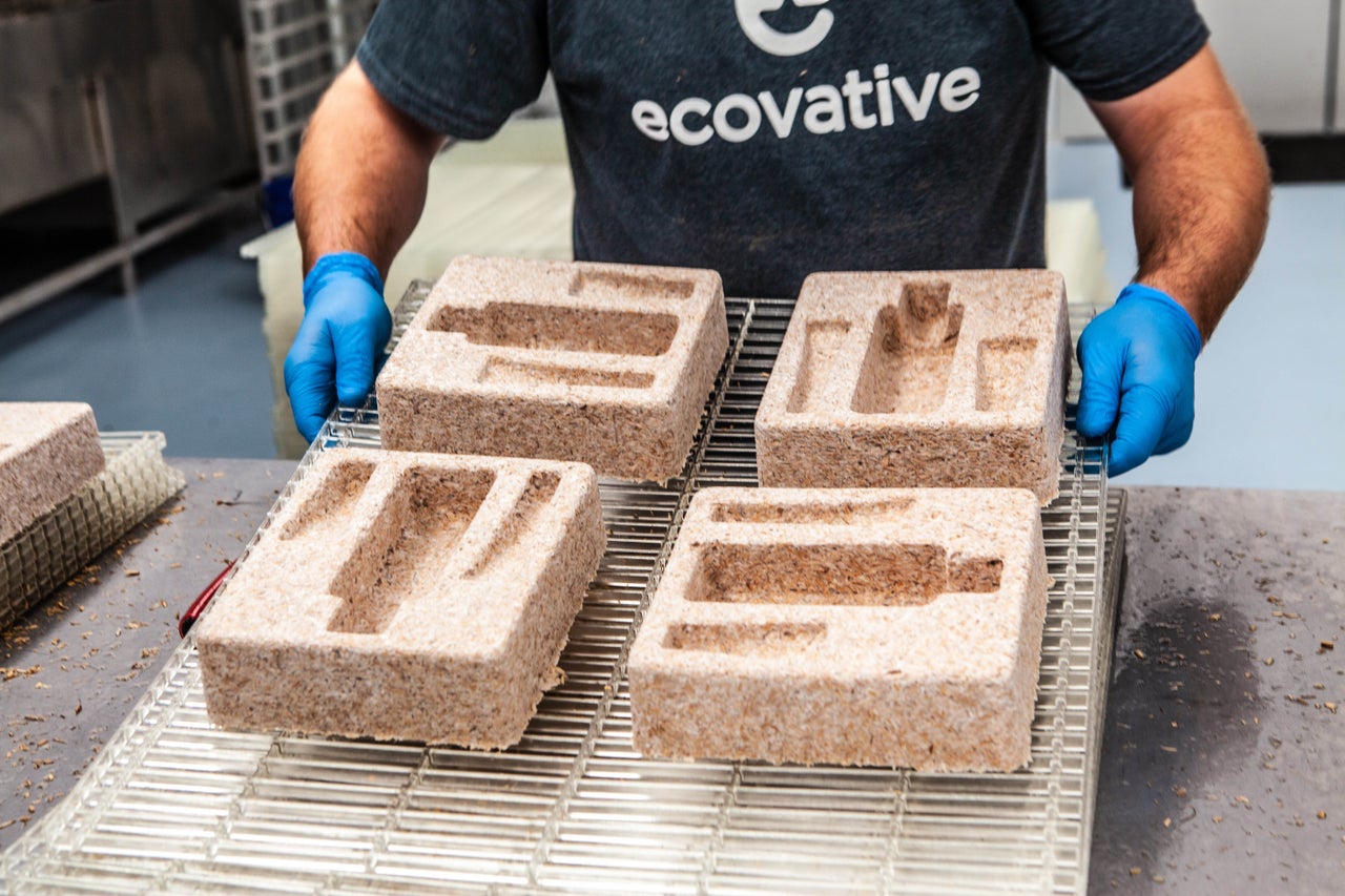 Ecovative packaging is a compostable mushroom-based alternative to Styrofoam.