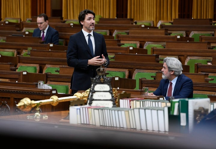 Prime Minister Justin Trudeau responds to a question in the House of Commons on April 20, 2020.