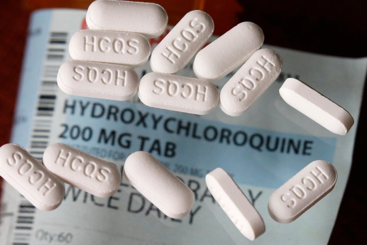 This Monday, April 6, 2020, photo shows an arrangement of hydroxychloroquine pills in Las Vegas. (AP Photo/John Locher)