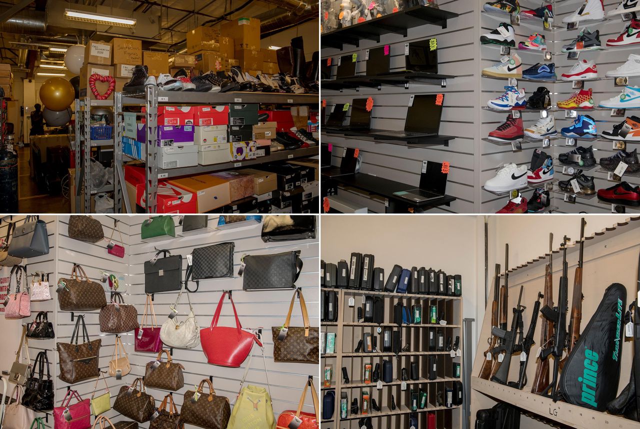 Left top: Belongings that have been pawned in a back room at Max Pawn. Right top: Shoes and computers for sale at Max Pawn. Left bottom: Designer handbags on display at Max Pawn. Right bottom: Guns at Max Pawn.