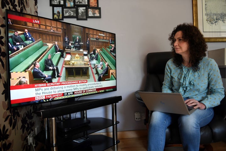 U.K. Liberal Democrat MP for North East Fife, Wendy Chamberlain, participates in a remote session of the House of Commons in Westminster, London, from her home in Fife, Scotland on April 21, 2020.