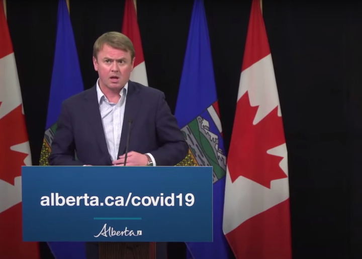 Alberta Health Minister Tyler Shandro speaks during a press conference on April 20, 2020.