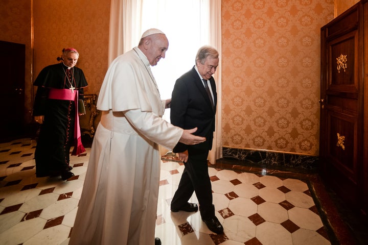 Pope Francis meets with Secretary-General of the United Nations Antonio Guterres at the Vatican on December 20, 2019. 