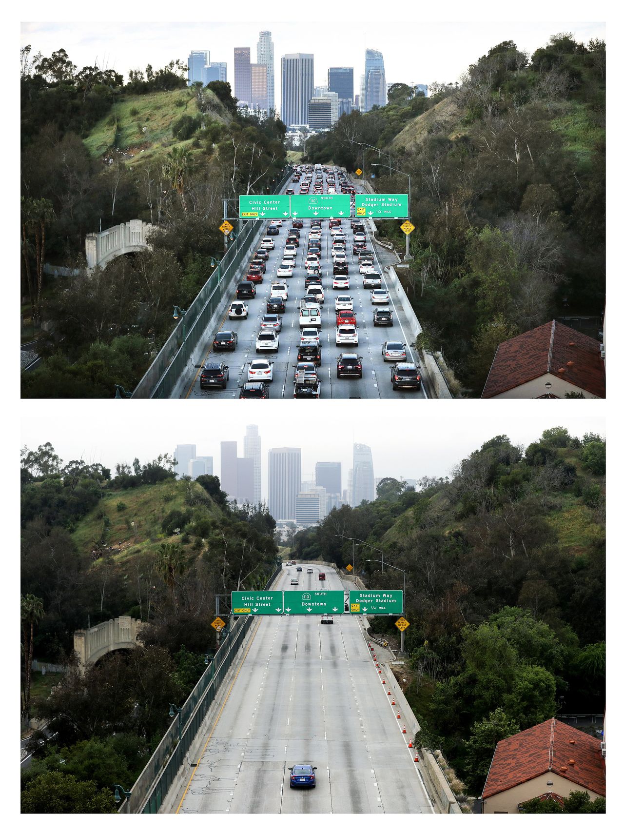 Cars heading downtown during rush hour on the 110 freeway in Los Angeles before stay-at-home orders were issued on March 12, 2020. The bottom image was taken on April 17, at the same time of day.