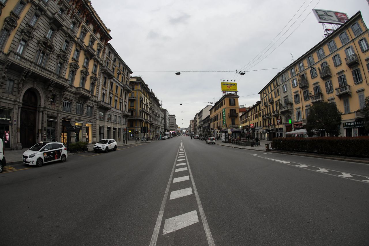 Corso Buenos Aires in Milan during Italy's lockdown. New cycle lanes and expanded sidewalks are planned for the street as part of Milan's city redesign.