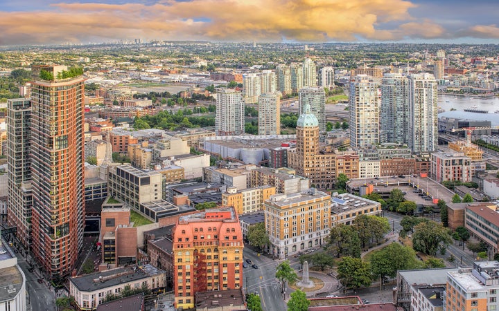 Condo towers are seen around Vancouver's downtown east side and False Creek in this undated aerial stock photo. 