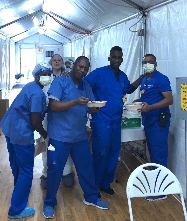 Some members of the emergency room crew refuel in the "lounge" at BronxCare hospital.