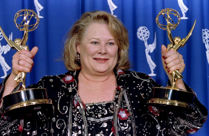 Actress Shirley Knight holds the two Emmys she received for Outstanding Guest Actress in a Drama Series and Outstanding Suppo