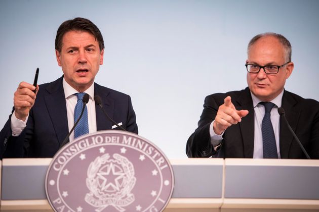 Italian Prime Minister Giuseppe Conte and Italian minister for Economy Roberto Gualtieri hold a press...