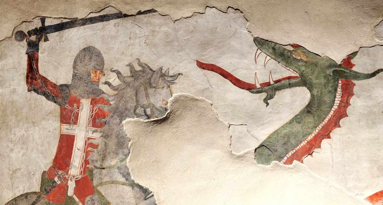 Ο Άγιος Γεώργιος πολεμά τον δράκο. Τοιχογραφία στο κάστρο της Sabbionara, Avio, Lagarina Valley, Trentino-Alto Adige, Italy, 12th century.