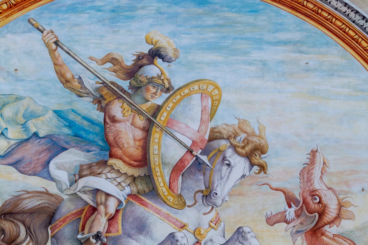 St George killing the dragon, detail from the fresco by Lazzaro Tavarone redone by Ludovico Pogliaghi, facade of Palazzo San Giorgio, Genoa, Liguria, Italy, 17th century. Detail.