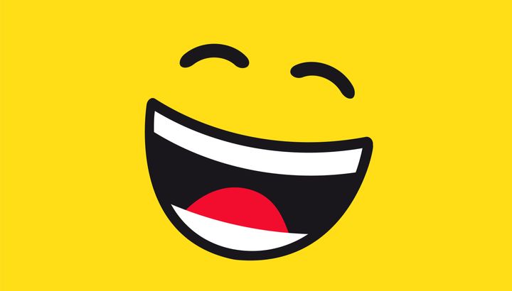 Smiling emoticon vector logo on yellow background. Emoji joy in line art style illustration. World Smile Day, October 4th banner