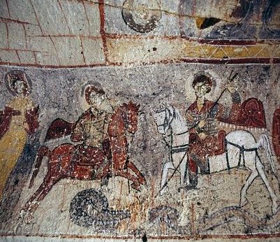 Ο άγιος Γεώργιος σκοτώνει τον δράκο. Τοιχογραφία σε εκκλησία στην Καπαδοκία