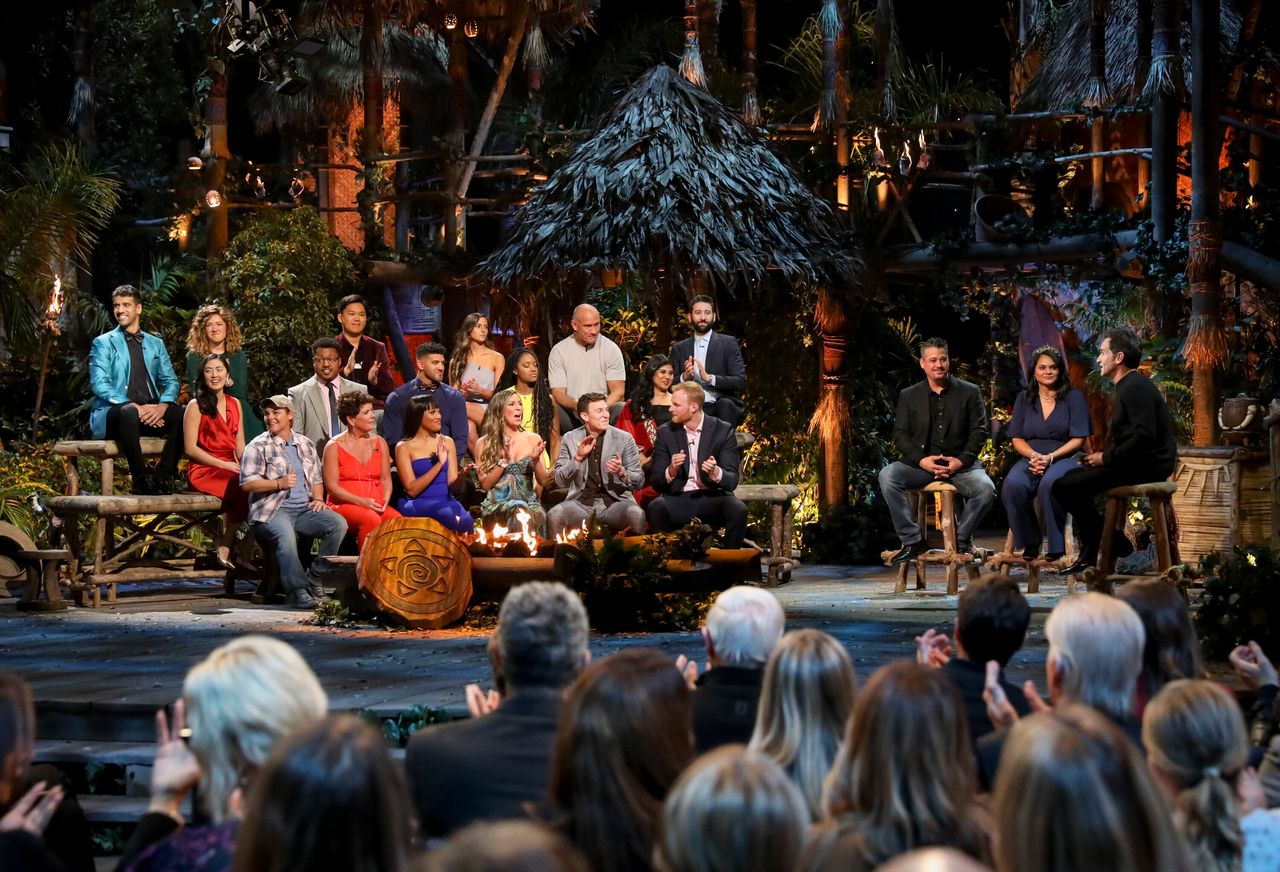 Jeff Probst addresses the cast at the "Survivor: Island of Idols" finale and reunion show in December 2019.