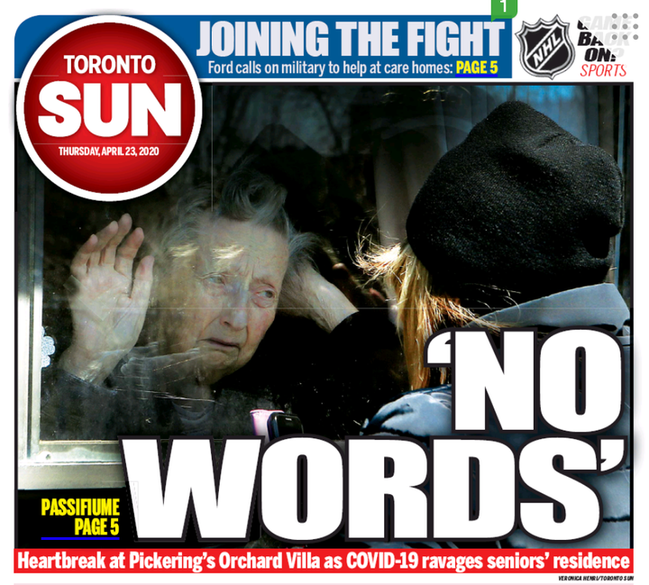 The cover of the Toronto Sun on April 23, 2020. Ontario Premier Doug Ford said the photo is "heartbreaking."