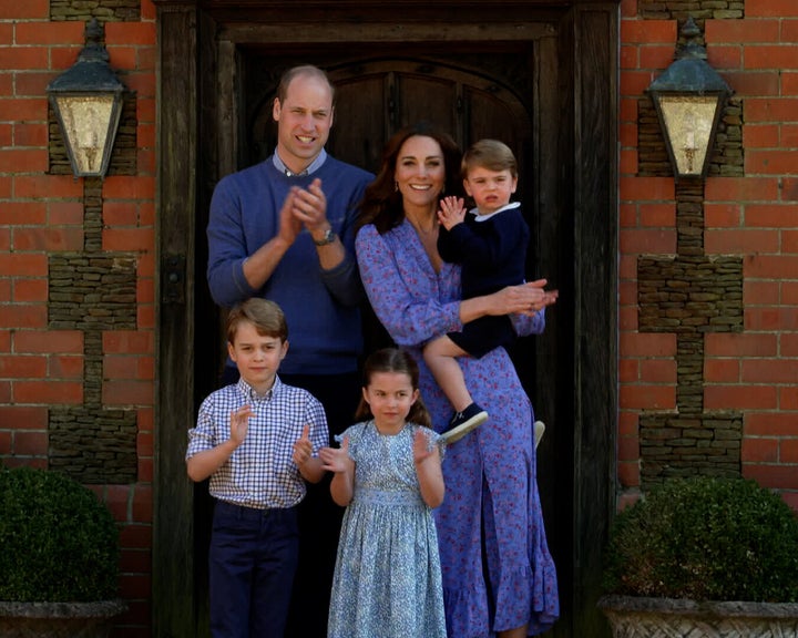 William, Kate, Louis, Charlotte and George clap for health care workers as part of the BBC Children In Need and Comic Relief "Big Night In" on April 23.