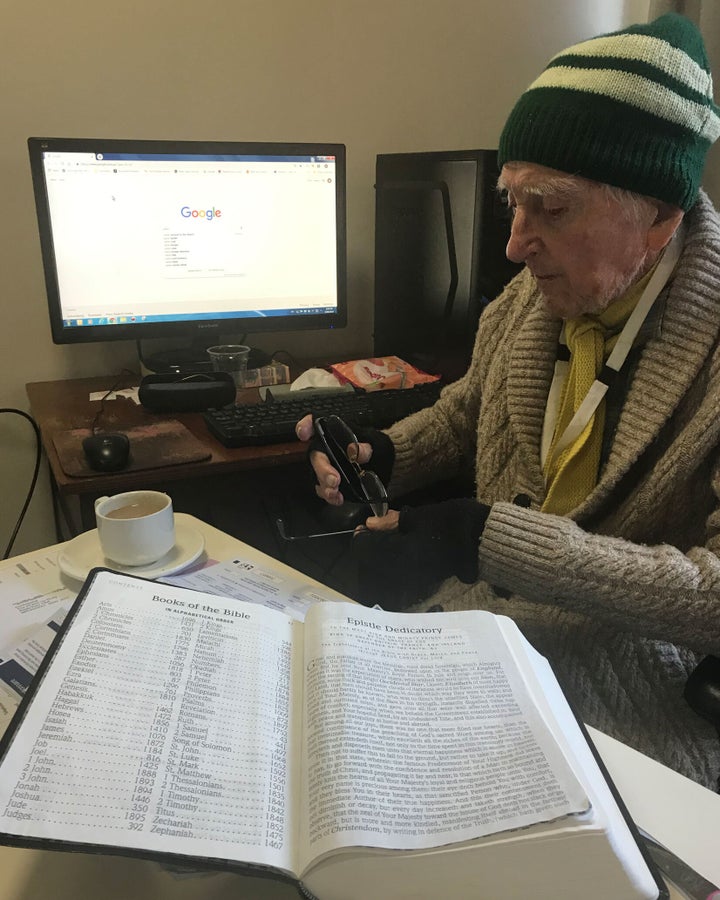 96-year-old Lunney, who spent most his working life as an engineer in the textile physics space (wool research), is competent using tech. Here his computer is seen being held up by his oldest son Daniel's book 'A Natural Legacy. Ecology in Australia'. Daniel told HuffPost: "At least it's getting some use."